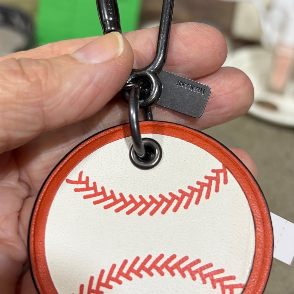 Coach White and Red Baseball Stitch Leather Key Charm